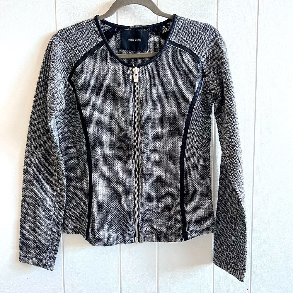 Maison Scotch Rendezvous Zip-Front Lightweight Tweed Jacket Blazer